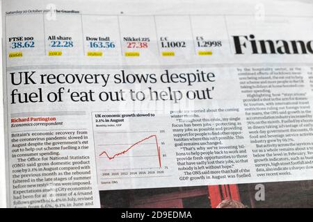 Guardian newspaper Financial inside page covid 19 coronavirus article headline 'UK recovery slows despite fuel of 'eat out to help out' 2020 London Stock Photo