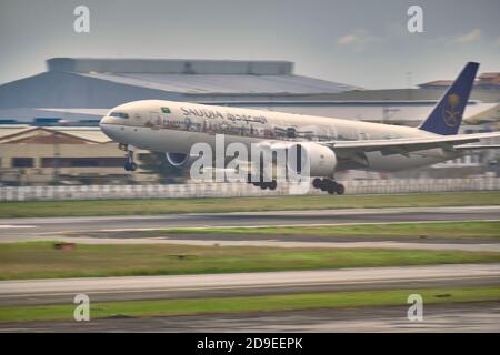 Manila, Philippines - Feb 03, 2020: aircraft Saudi Arabian Airlines ands on the runway Stock Photo