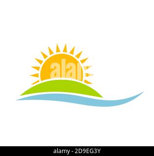 Sunset over green island. Vector illustration Stock Vector