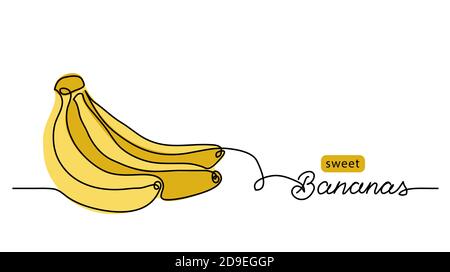 Bananas bunch vector illustration. One continuous line drawing art illustration with lettering sweet bananas Stock Vector