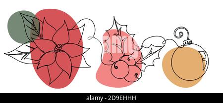 Christmas flower and berries in a linear style. Stock Vector