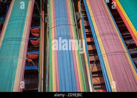 Bangkok, Thailand, March 2106. Close aerial view of long tail boats. Stock Photo