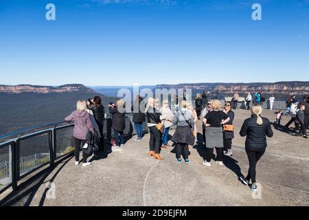 Tourists  at Echo Point lookout ( Three Sisters), Blue Mountains, NSW, Australia. Stock Photo