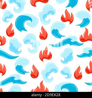 Seamless pattern with fire, water and cloud. Stock Vector