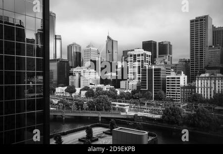 MELBOURNE, AUSTRALIA - DECEMBER 11, 2014: Black and white image of Melbourne skyline. Melbourne is the capital and most populous city in the state of Stock Photo