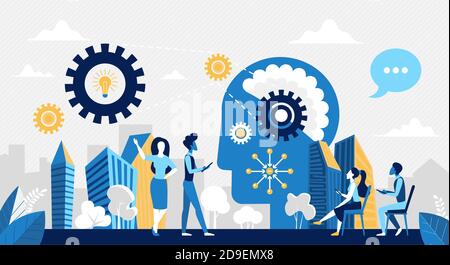 Business people teamwork on new ideas vector illustration. Cartoon businessman and businesswoman team of characters work on business progress, search for innovation idea project research background Stock Vector