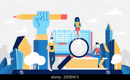 University, school or course education concept vector illustration. Cartoon students learning from home or classroom, reading open paper book, digital ebook in library, studying on lessons background Stock Vector