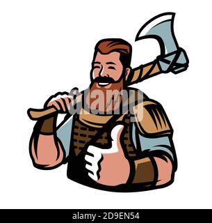 Nordic viking mascot. Warrior, barbarian sport logo vector illustration Stock Vector