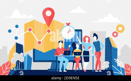 Delivery logistic service concept vector illustration. Cartoon team of deliver logistician people working with laptop in delivering company, online tracking transportation technology background Stock Vector