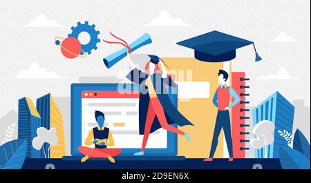 Graduate school, online education concept vector illustration. Cartoon happy student people training at webinar, online course or school, graduated character holding diploma educational background Stock Vector