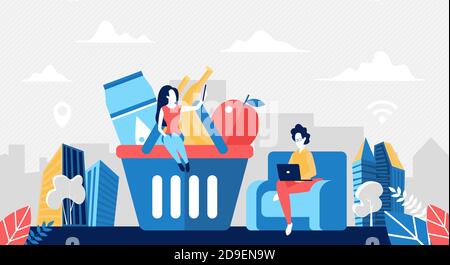 Buy food online concept vector illustration. Cartoon buyer woman character sitting on big food shop basket, using smartphone order app for ordering fast delivery from online grocery store background Stock Vector