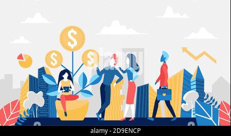 Money tree concept vector illustration. Cartoon business people work, watch money tree with gold coins grow in pot, investment and bank savings growth, idea of passive income profit background Stock Vector