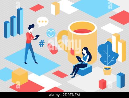 Isometric people in social media network communication concept vector illustration. 3d cartoon tiny characters communicate online during tea break in office work, sit next to big tea cup background Stock Vector