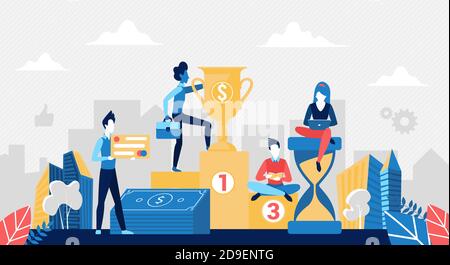 Win concept, business success vector illustration. Cartoon winner businessman character standing on podium with prize reward golden cup, business people team working to achieve success background Stock Vector