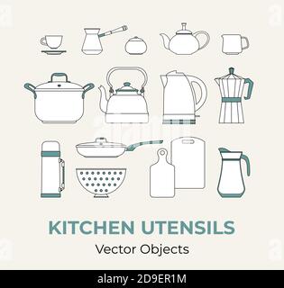 Kitchen utensils set concept vector isolated. Home restaurant kitchenware simple form. Line illustration logo icon cafe Stock Vector