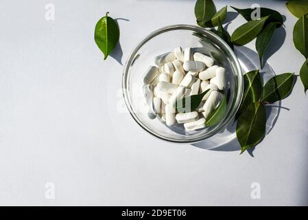 Mineral additives in a glass round bowl. Magnesium and other minerals. Nearby are green leaves. The idea of natural treatment of diseases.  Stock Photo