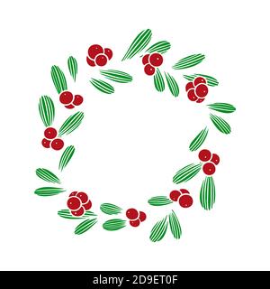 Round Christmas wreath with holly branches isolated on white. Berry and leaves frame. For festive design, announcements, postcards, invitations, posters. Vector illustration Stock Vector