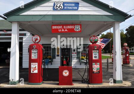 Ambler’s Texaco Gas Station is a restored Route 66 landmark in Dwight, IL. Built in 1933, it sold fuel until 1999. It's now open as a visitor center. Stock Photo