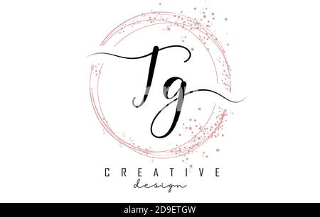 Handwritten TG T G letter logo with sparkling circles with pink glitter. Decorative vector illustration with T and G letters. Stock Vector
