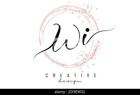 Handwritten WI W I letter logo with sparkling circles with pink glitter. Decorative vector illustration with W and I letters. Stock Vector