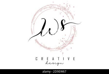 Handwritten WS W S letter logo with sparkling circles with pink glitter. Decorative vector illustration with W and S letters. Stock Vector