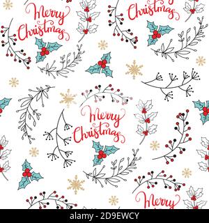 Seamless pattern vector Christmas plants and mistletoe Stock Vector