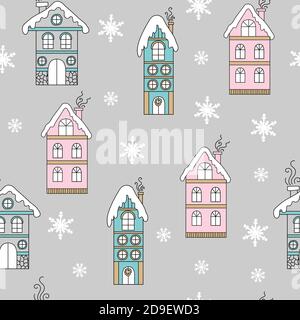 Seamless pattern vector Christmas houses and snowflakes Stock Vector