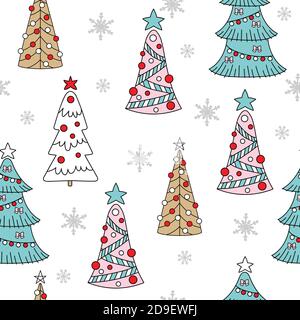 Seamless pattern vector Christmas trees and snowflakes Stock Vector