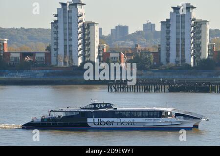 Uber Boat by Thames Clipper river bus service vessel Tornado Clipper out on the River Thames Stock Photo