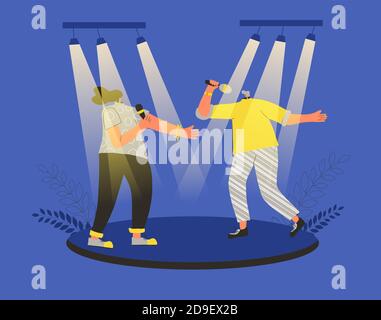 Music band performing on a stage. Two rock musicians singing with microphones. Young man and woman artists. Pop duet. Vector flat characters illustrat Stock Vector