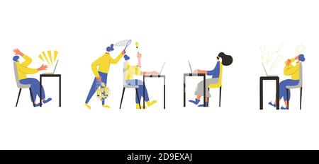 Office job collection. Characters working on computer set isolated on white background. Persons using laptop. Clerks lifestyle. Vector flat color illu Stock Vector