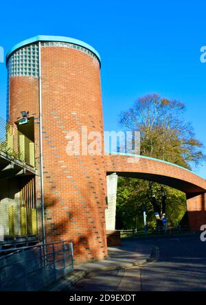 The edge of the multi-storey car park and pedestrian foot bridge in Chichester, West Sussex. Stock Photo