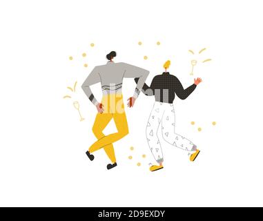 Date. Friends dancing. Two characters wearing in casual clothes  spending time together isolated on a white background. Persons jumping and have fun. Stock Vector