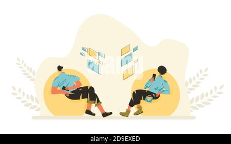 Network concept. Adult characters online communication. Two persons wearing in casual clothes sitting in round chairs with phones and using modern tec Stock Vector