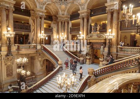 Paris, France, March 31 2017: Interior view of the Opera National de Paris Garnier, France. It was built from 1861 to 1875 for the Paris Opera house