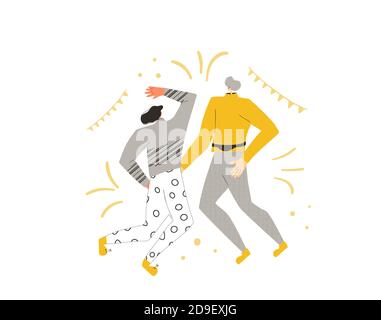 Holiday event. Two characters wearing in casual clothes dancing isolated on a white background. Friends dance and joy together. Persons jumping and ha Stock Vector