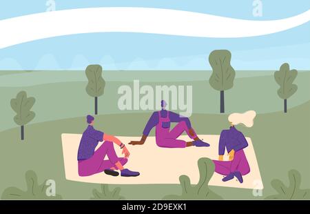 Friends meeting. Three young women sitting on floor. Adult characters gathered for a picnic and resting. Female persons wearing in casual clothes talk Stock Vector