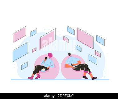 AR concept. Adult characters online communication. Two persons wearing in casual clothes sitting in round chairs with phones and using modern technolo Stock Vector