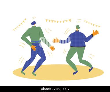 Holiday event. Two characters wearing in casual clothes dancing isolated on a white background. Friends dance and joy together. Persons jumping and ha Stock Vector