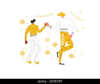 Holiday event. Two characters wearing in casual clothes dancing isolated on a white background. Friends dance and joy together. Persons jumping and ha Stock Vector