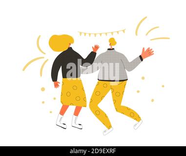 Date. Friends dancing. Two characters wearing in casual clothes  spending time together isolated on a white background. Persons jumping and have fun. Stock Vector