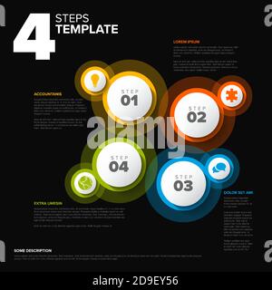 Vector dark progress steps template with descriptions, icons and circles Stock Vector