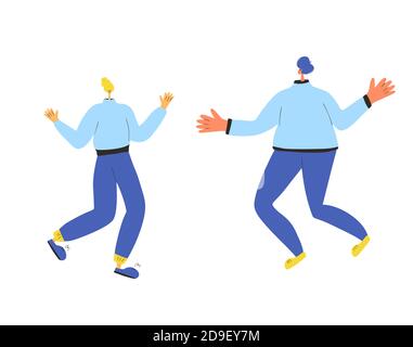 Couple rejoice. Two characters wearing in casual clothes dancing together isolated on a white background. Persons jumping and have fun. Vector color f Stock Vector
