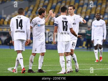 KYIV, UKRAINE - NOVEMBER 3, 2020: VfL Borussia Monchengladbach players celebrate after scored a goal during the UEFA Champions League game against Shakhtar Donetsk at NSC Olimpiyskyi stadium in Kyiv Stock Photo