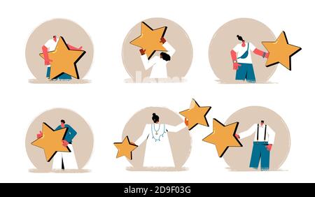 Feedback icons set. Client review avatars. People portraits holding stars in their hands set isolated on white background. Service rating. Satisfactio Stock Vector