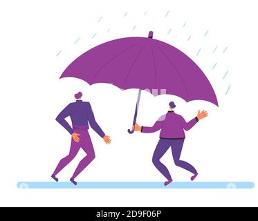 Friends wearing in casual clothes standing together under an umbrella. Two persons protection from rain. Vector color flat illustration. Stock Vector