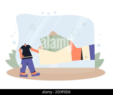 Financial help concept. Adult character with envelop of banknotes. Man wearing in casual clothes get a benefit or compensation. Huge hand giving money Stock Vector