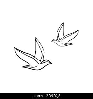 Simple cartoon two birds icon. Solid black silhouette and line art outline. Minimal logo design element, vector illustration. Vector illustration Stock Vector