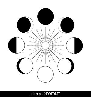 Lunar phases vector illustration. Astrology moon and sun isolated black on white. . Vector illustration Stock Vector