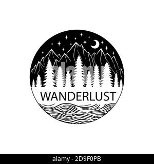 Mountain and sea black on white. Vector illustration. Night Wanderlust adventure travel circle icon with stars. Vector illustration Stock Vector